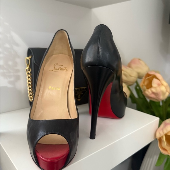 Christian Louboutin Black and Red Peep Toe Heels - Picture 1 of 5
